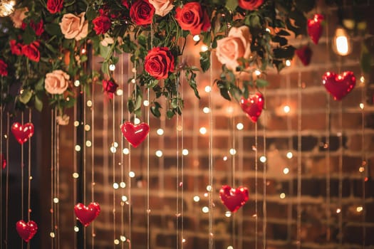 A wall with red and pink flowers hanging from it and hearts hanging from the ceiling