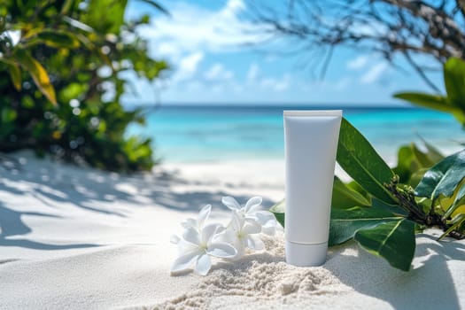 A white cosmetic tube rests on soft sand beside tropical flowers, with a stunning ocean view in the background, evoking feelings of tranquility and beauty.
