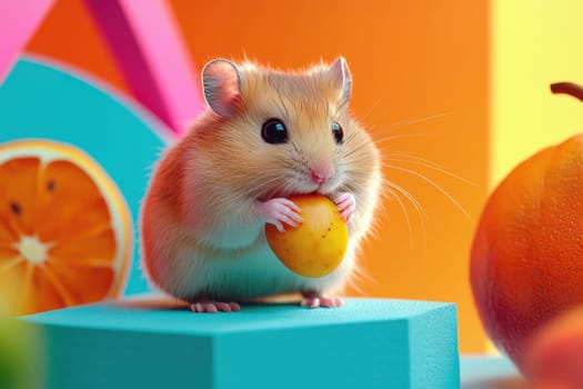 An adorable hamster enjoys a small yellow fruit against a vibrant and colorful background, creating a cheerful moment in animal photography.