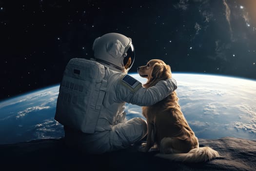 An astronaut shares a heartwarming moment with a golden retriever on the moon, gazing at Earth. This image captures the essence of friendship in an imaginative space setting.