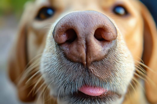 A playful dog nose and tongue dominate this close-up image, featuring soft focus on a natural background, capturing the essence of joy and curiosity in pets.