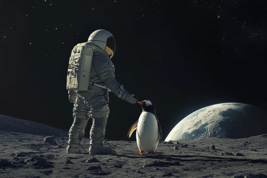 A whimsical scene shows an astronaut gently interacting with a penguin on the moon surface, highlighting themes of friendship, exploration, and surrealism under a vast starry sky.