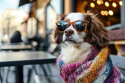 A fashionable dog sits confidently at a cafe table, wearing stylish sunglasses and a cozy scarf, embodying a cheerful and relaxed atmosphere.