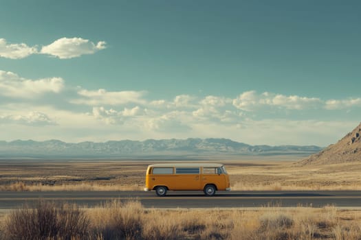 Capture the essence of adventure with a retro yellow van parked alongside an open road, framed by scenic mountains and a vibrant sky, inviting travel and exploration.