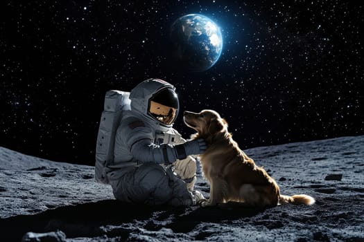 A heartwarming scene featuring an astronaut interacting with a golden retriever on the moon, with Earth glowing in the background, capturing the essence of companionship in space.
