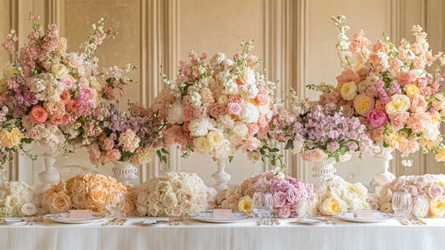 Elegant royal dining table adorned with luxurious floral arrangements for wedding or event, vintage tableware, and candles in a classic English countryside manor, creating a romantic and sophisticated atmosphere idea