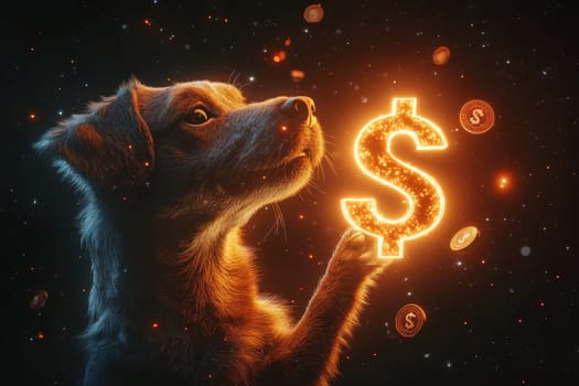 An enchanting illustration of a cute dog holding a sparkling dollar sign amid a cosmic backdrop, evoking dreams of wealth and happiness.