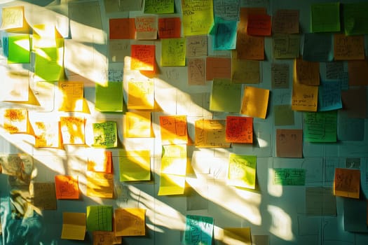 A wall covered in colorful sticky notes with various words and phrases written on them. The wall appears to be a brainstorming board or a creative space for ideas and thoughts
