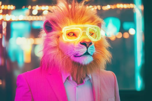 A striking image of a person dressed in a vibrant lion costume with glowing neon glasses, set in a lively and colorful party atmosphere.