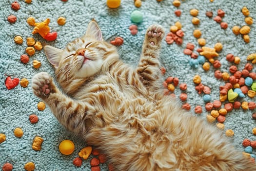 A joyful ginger cat sprawled on a colorful surface, surrounded by various pet treats and toys, exuding a sense of relaxation and playfulness.