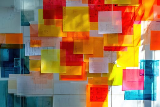 A vibrant collection of sticky notes and papers in various colors arranged on a wall, creating a dynamic visual display full of energy and creativity.