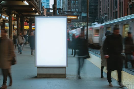 Dynamic urban scene featuring a blank billboard surrounded by blurred pedestrians and a busy train. Capture the essence of city life and movement.