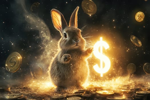 A whimsical rabbit stands amid shimmering coins, radiating magic with a glowing dollar sign, creating a fantasy atmosphere perfect for themes of wealth and enchantment.