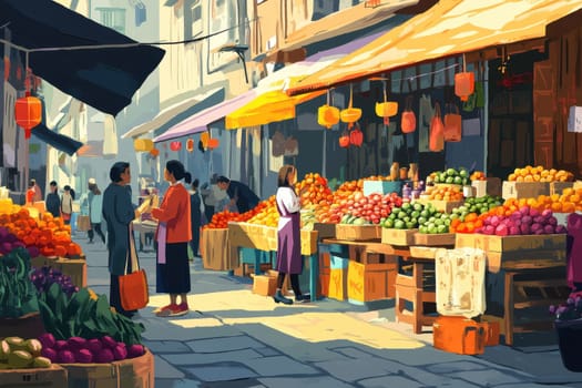 A bustling market showcasing an array of colorful fruits and vegetables with shoppers engaging in lively transactions. A vibrant street scene filled with culture and community spirit.