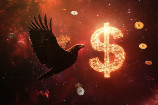 A stunning eagle soars through a fantasy universe, framed by a glowing dollar sign and floating coins, symbolizing wealth and freedom.