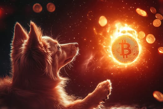 A whimsical scene featuring a dog mesmerized by a radiant Bitcoin coin amidst fiery sparks, blending finance and fantasy in a captivating visual narrative.