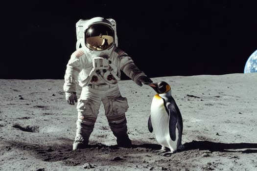 A whimsical scene featuring an astronaut standing on the moon with a curious penguin. Earth shines in the background, adding a unique touch to this imaginative interaction.