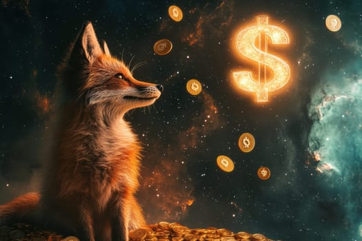A captivating fox gazes thoughtfully at illuminated dollar signs amidst a cosmic backdrop of shimmering stars, representing wealth and dreams.