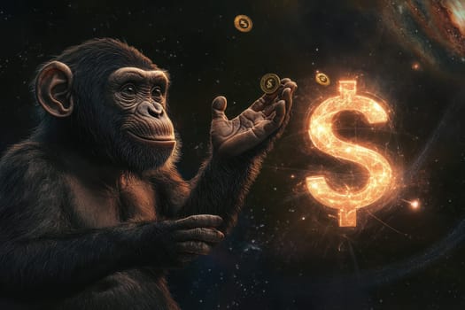 A whimsical illustration featuring a monkey playfully interacting with floating gold coins, set against a glowing dollar symbol in a cosmic background.