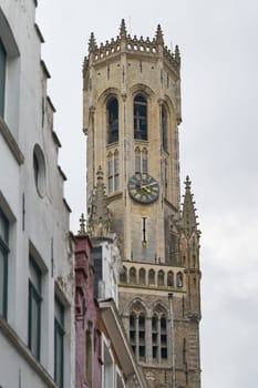 View of the historic Belfry, Belfried, Belfort from the 13th century in the old town of Bruges in Belgium
