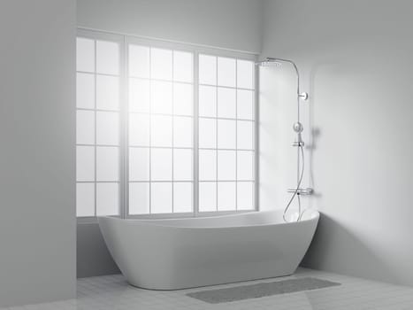 A spacious bathroom with a freestanding bathtub, sleek shower fixtures, and large windows, ideal for luxurious and contemporary home interiors.