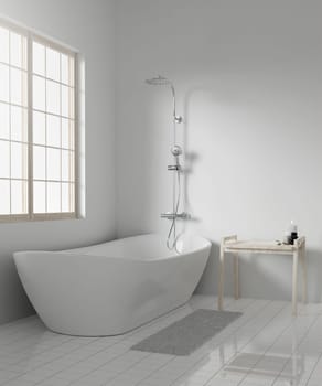 A sleek bathroom featuring a freestanding bathtub, modern shower fixtures, and ample natural light, perfect for contemporary home design inspiration.