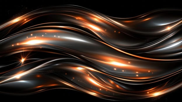 Abstract orange and black wavy lines background flowing with light particles, creating a dynamic and elegant design