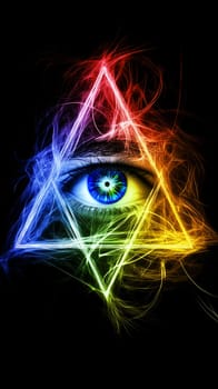 All-seeing eye inside a colorful triangle against a black background, representing concepts of providence, spirituality, and esoteric knowledge