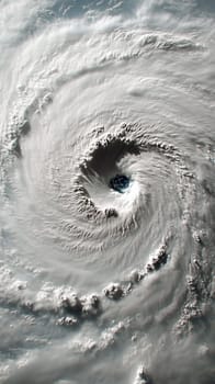 Swirling white clouds form the eye of a hurricane over a dark ocean, creating a dramatic scene of natural power