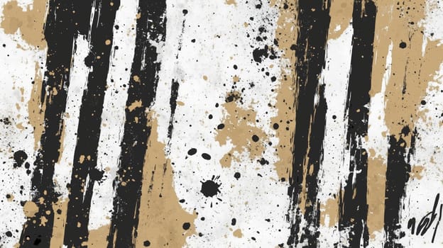 Wide brushstrokes of black and gold paint dynamically splash across a white and beige canvas, forming an abstract expressionist artwork
