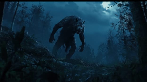 A scary werewolf in the night forest on a full moon