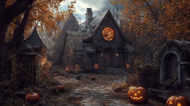 Ancient mystical autumn village with glowing Halloween pumpkins