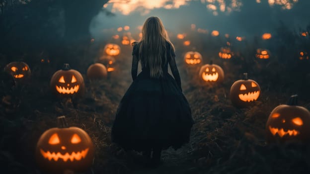 View from the back of a woman walking through a field with Halloween glowing pumpkins