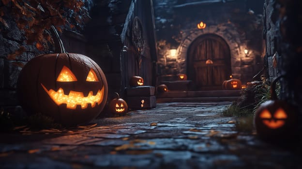 Ancient mystical autumn village with glowing Halloween pumpkins