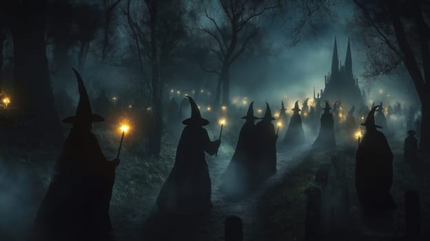 A night procession or Witches Sabbath on the night forest