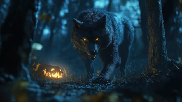 Wolf and glowing Halloween pumpkins in the night autumn forest