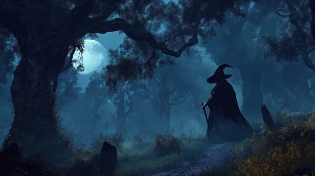 Scary witch in the night moonlight forest