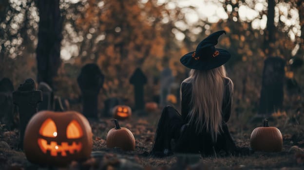 A girl in a hat sits in a cemetery on Halloween with jack-o-lantern pumpkins
