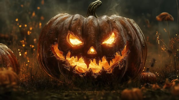 Scary Halloween background with glowing jack-o-lantern pumpkin