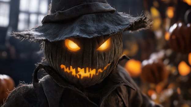 A scarecrow monster with a scary smile and burning eyes with Halloween pumpkins