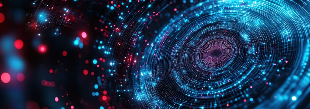 Blue purple neon spiral glowing circles abstract tech futuristic background