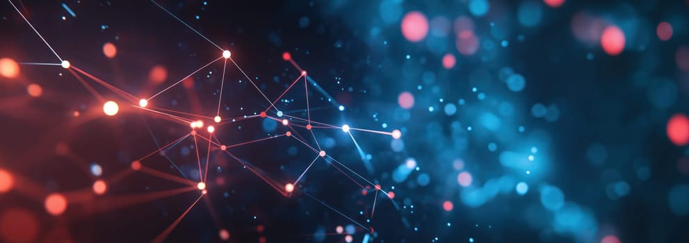 Neural network artificial intelligence tech low poly abstract background. Plexus neon glowing banner design