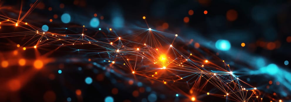 Neural network artificial intelligence tech low poly abstract background. Plexus neon glowing banner design