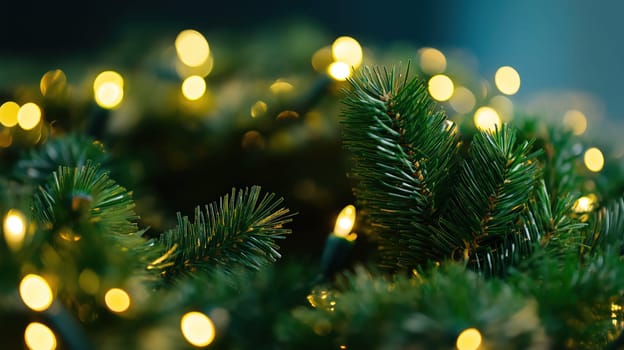 Christmas tree branch with glowing garland winter background
