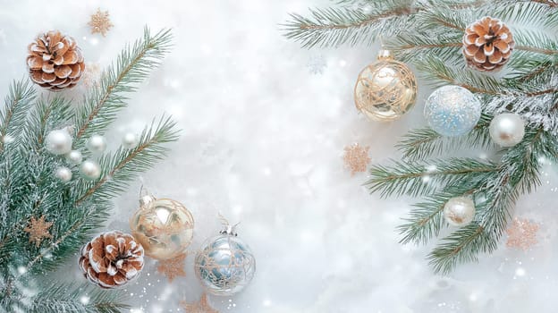 Christmas tree branches and decorations on a white background