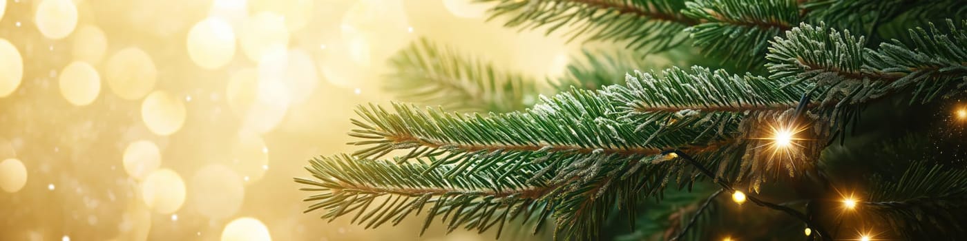 Christmas tree branch with glowing garland on shiny bokeh blurred background