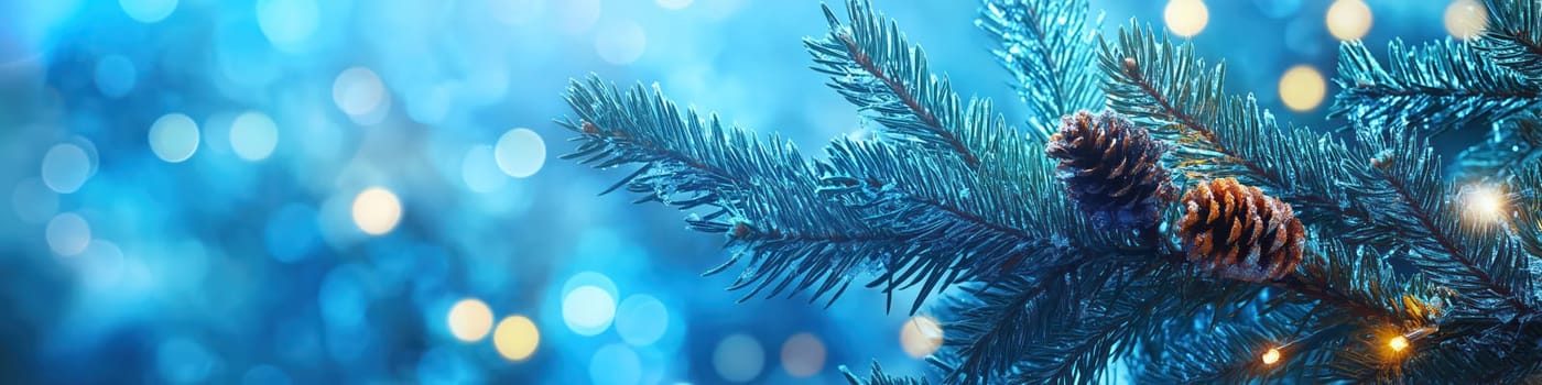 Christmas tree branch with glowing garland on shiny bokeh blurred background