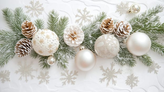 Christmas tree branches and decorations on a white background