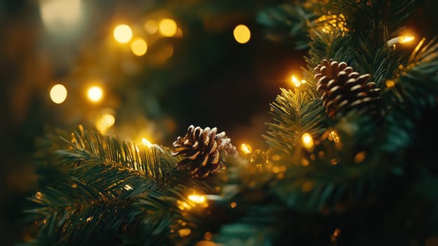 Christmas tree branch with glowing garland and cones winter background