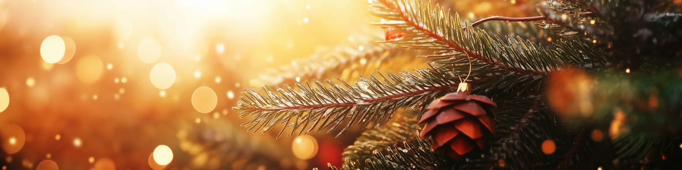 Christmas tree branch on shiny bokeh blurred background